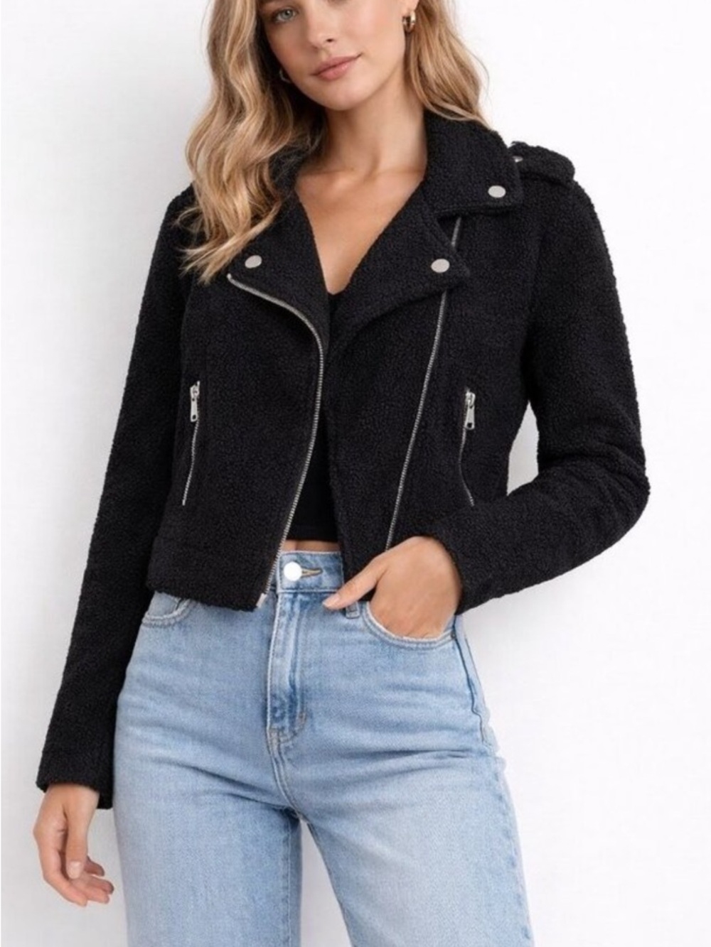 Max Studio Black Sherpa Moto Jacket